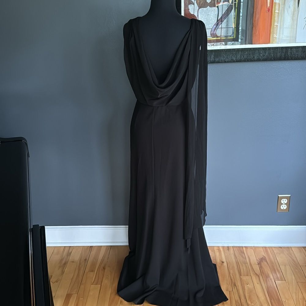 DKNY black chiffon sweetheart neckline sheer gathered shoulder draped back maxi - Picture 3 of 8